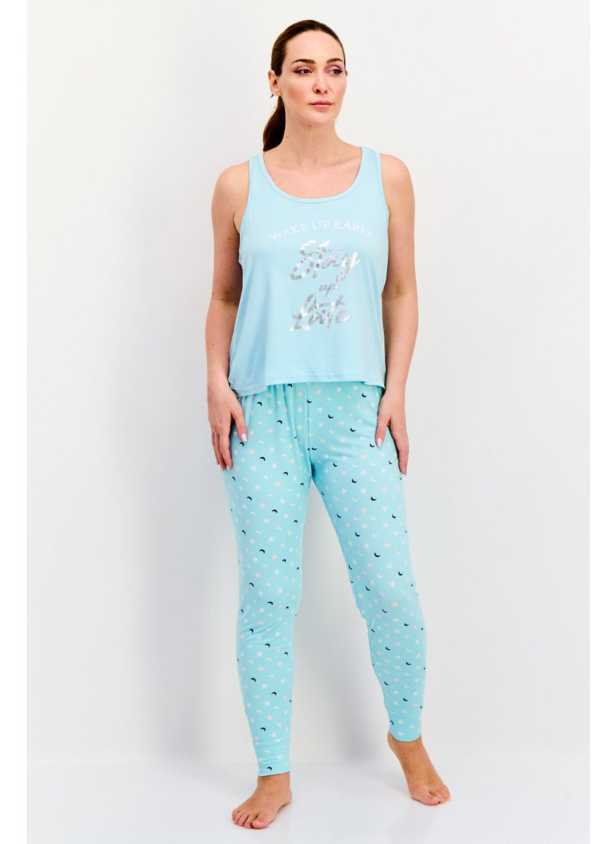 French Affair Women 2 Pieces Printed Top And Pajama Set, Turquoise  - Image 1
