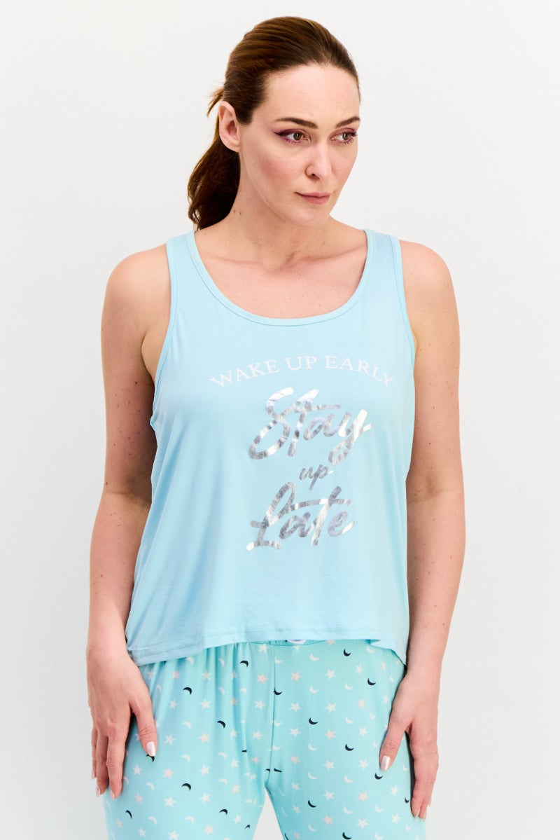 French Affair Women 2 Pieces Printed Top And Pajama Set, Turquoise - Image 2