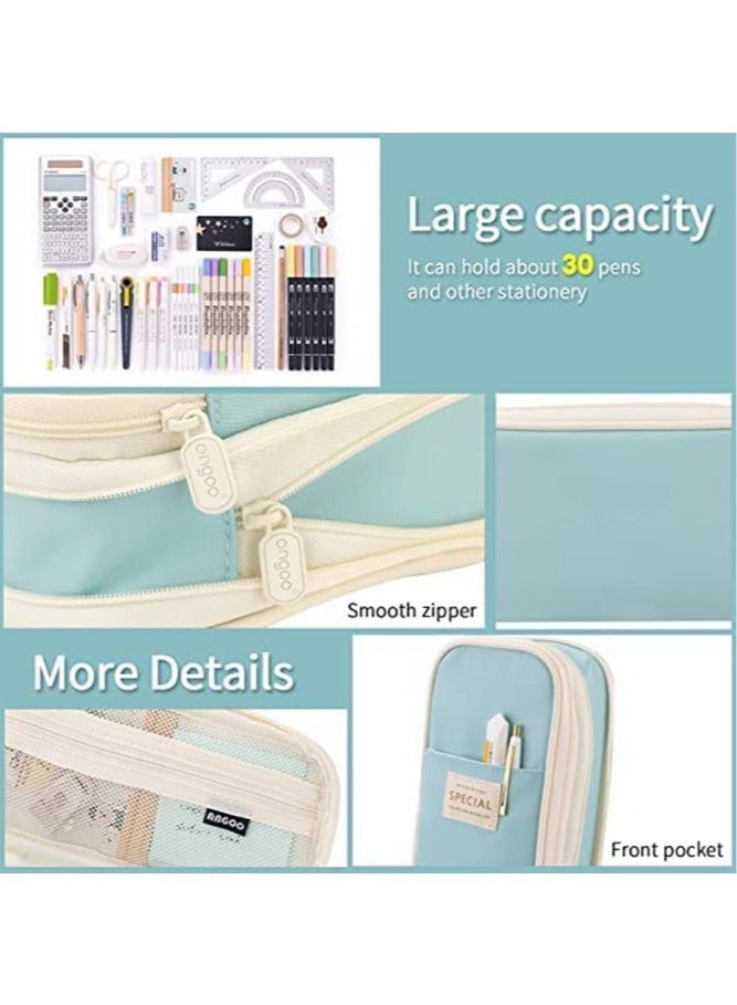 Loquat Big Capacity Pencil Case Large Pencil Pouch Stationery Pen Bag for Teen Girls (Light beige-blue) - Image 3