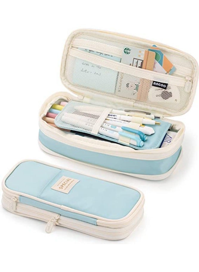 Loquat Big Capacity Pencil Case Large Pencil Pouch Stationery Pen Bag for Teen Girls (Light beige-blue) - Image 1