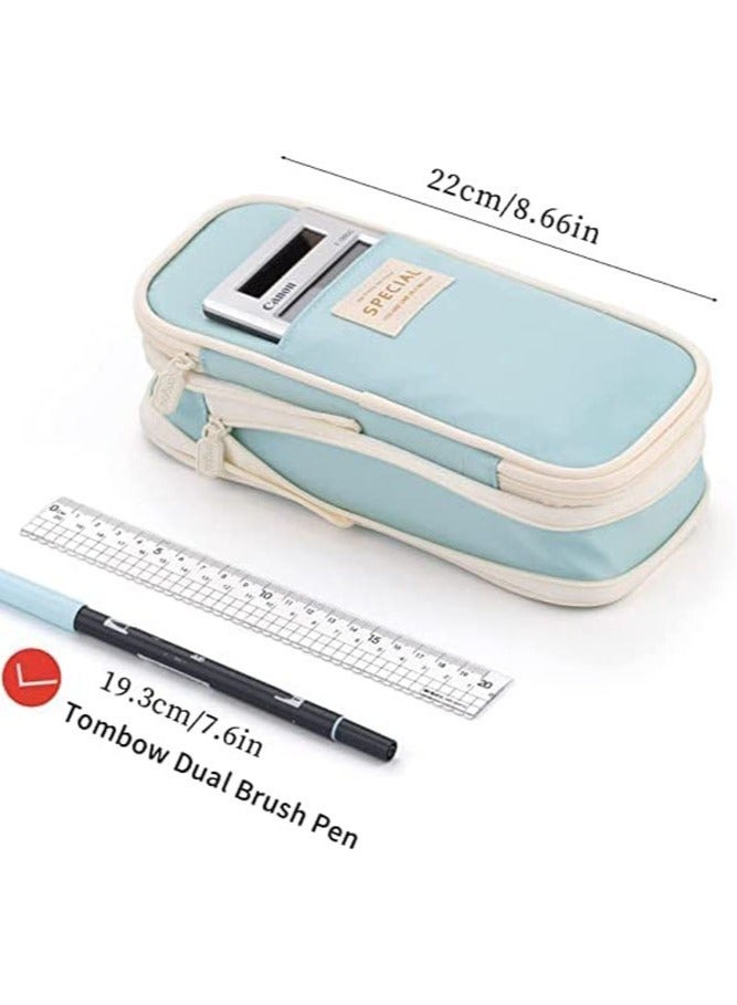 Loquat Big Capacity Pencil Case Large Pencil Pouch Stationery Pen Bag for Teen Girls (Light beige-blue) - Image 2