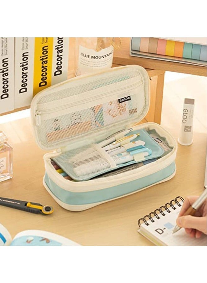Loquat Big Capacity Pencil Case Large Pencil Pouch Stationery Pen Bag for Teen Girls (Light beige-blue) - Image 4