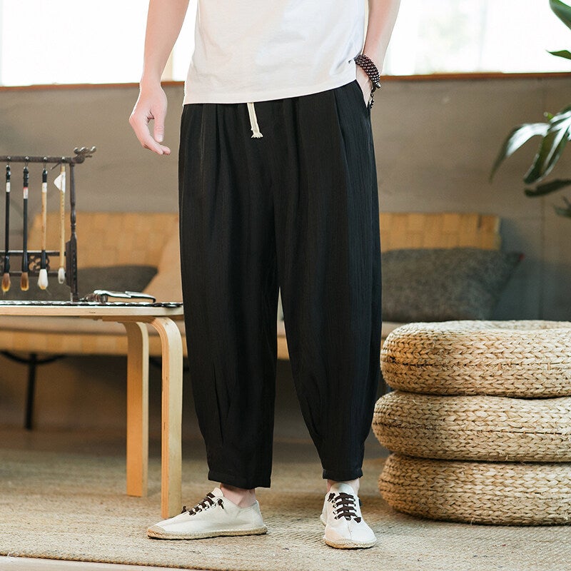 Dagging Ice Silk Cropped Casual Pants Mens Summer Thin Loose Bloomers Chinese Style Solid Color Sports Wide Leg Pants Black - Image 3