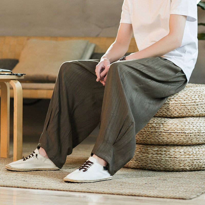 Dagging Ice Silk Cropped Casual Pants Mens Summer Thin Loose Bloomers Chinese Style Solid Color Sports Wide Leg Pants Black - Image 4