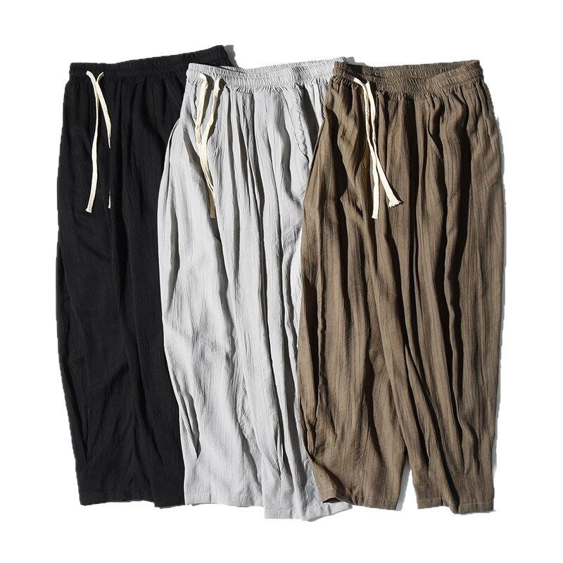 Dagging Ice Silk Cropped Casual Pants Mens Summer Thin Loose Bloomers Chinese Style Solid Color Sports Wide Leg Pants Black - Image 5