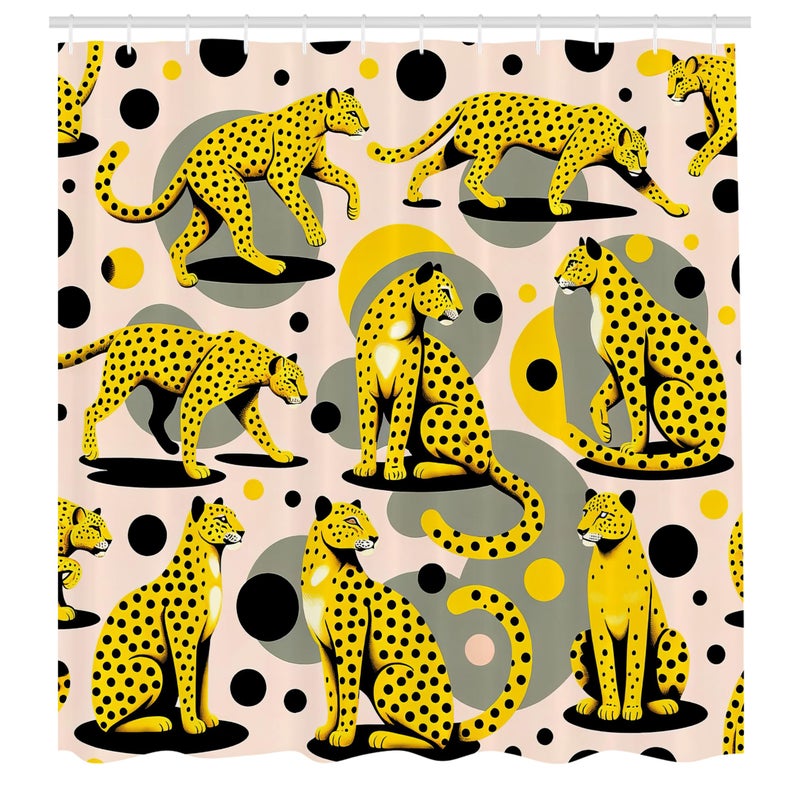 Ambesonne Pink Shower Curtain  Tropical Feels Cheetah Animal Pattern with Bohemian Polka Dotted Backdrop  Cloth Fabric Bathroom Decor Set with Hooks  69"" W x 70"" L  Mustard Pale Rose Grey - Image 4