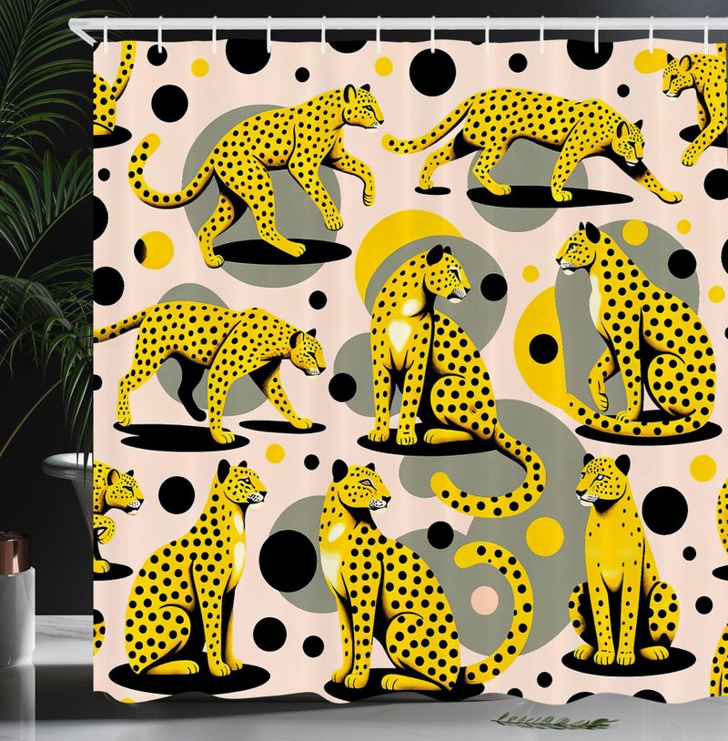Ambesonne Pink Shower Curtain  Tropical Feels Cheetah Animal Pattern with Bohemian Polka Dotted Backdrop  Cloth Fabric Bathroom Decor Set with Hooks  69"" W x 70"" L  Mustard Pale Rose Grey - Image 1
