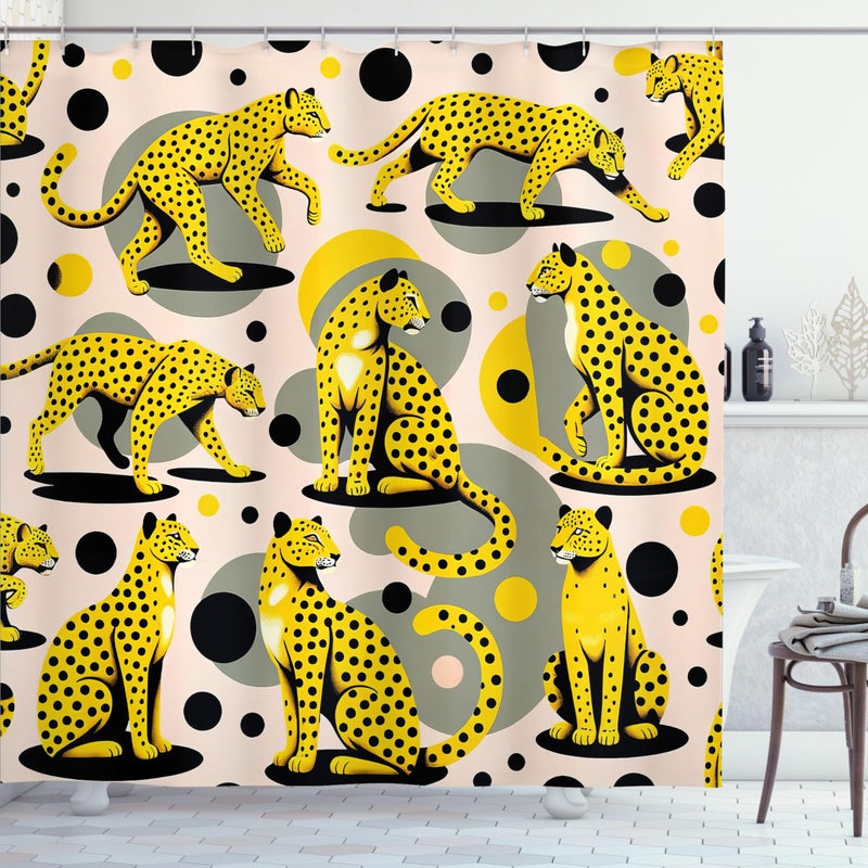 Ambesonne Pink Shower Curtain  Tropical Feels Cheetah Animal Pattern with Bohemian Polka Dotted Backdrop  Cloth Fabric Bathroom Decor Set with Hooks  69"" W x 70"" L  Mustard Pale Rose Grey - Image 3