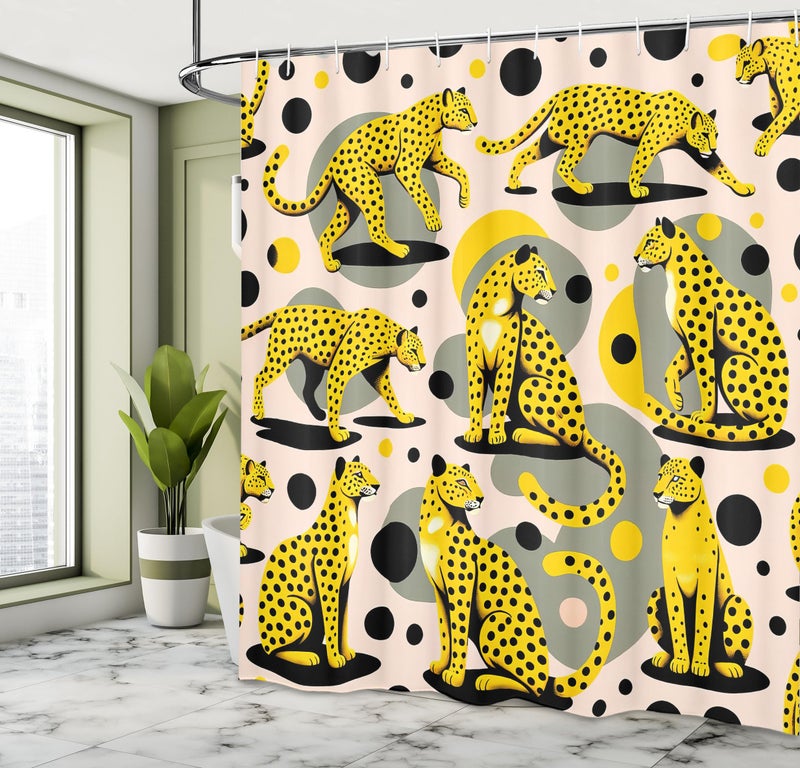 Ambesonne Pink Shower Curtain  Tropical Feels Cheetah Animal Pattern with Bohemian Polka Dotted Backdrop  Cloth Fabric Bathroom Decor Set with Hooks  69"" W x 70"" L  Mustard Pale Rose Grey - Image 2