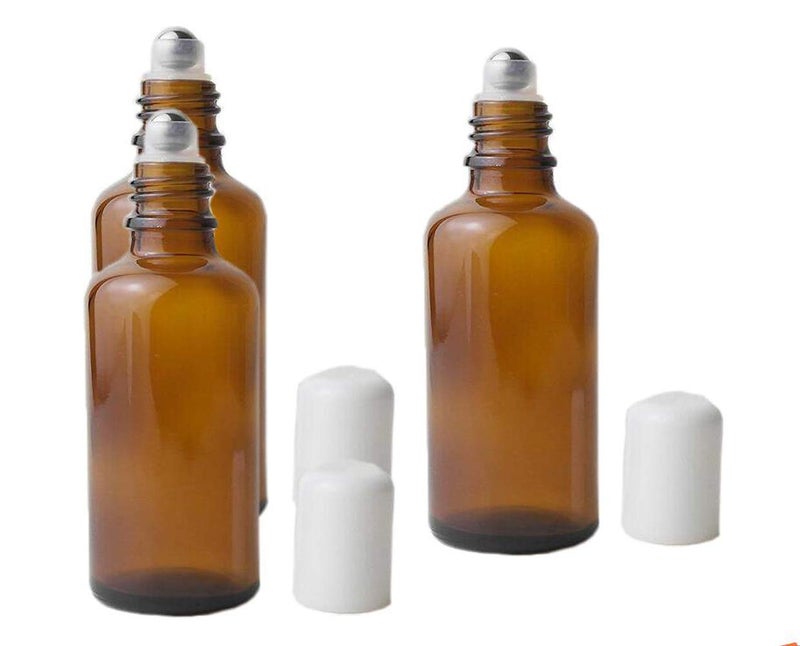 erioctry 3PCS 50ml Empty Refillabl Amber Glass Roller Bottle With Stainless Steel Balls And White Screw Cover For Essential Oil Lip Balms Perfume