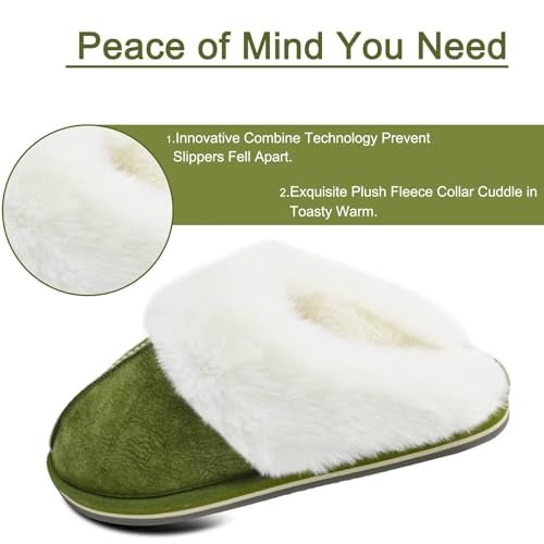KuaiLu Womens Slippers, Fluff Dual Memory Foam Slippers Ladies Cozy Arch Support Warm Scuff Slippers Slip on Comfy Winter House Shoes with Non-Slip Indoor Outdoor Hard Sole Green 6 - Image 3