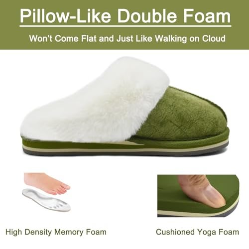 KuaiLu Womens Slippers, Fluff Dual Memory Foam Slippers Ladies Cozy Arch Support Warm Scuff Slippers Slip on Comfy Winter House Shoes with Non-Slip Indoor Outdoor Hard Sole Green 6 - Image 5