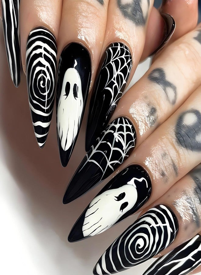 SINSEN Black Halloween Press on Nails - Long Stiletto Halloween Fake Nails, Full Cover Halloween False Nails with Designs, Glossy Halloween Glue on Nails for Women, 24Pcs (Ghost and Spider Web) - Image 1