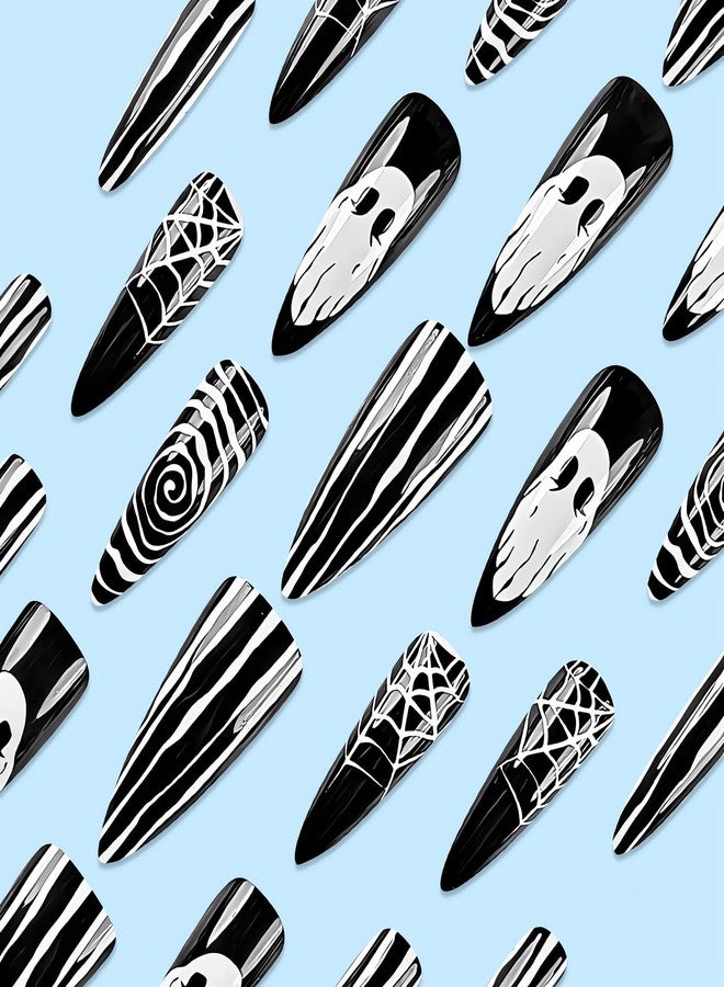 SINSEN Black Halloween Press on Nails - Long Stiletto Halloween Fake Nails, Full Cover Halloween False Nails with Designs, Glossy Halloween Glue on Nails for Women, 24Pcs (Ghost and Spider Web) - Image 4