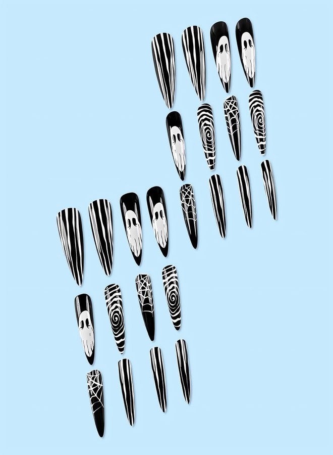 SINSEN Black Halloween Press on Nails - Long Stiletto Halloween Fake Nails, Full Cover Halloween False Nails with Designs, Glossy Halloween Glue on Nails for Women, 24Pcs (Ghost and Spider Web) - Image 5