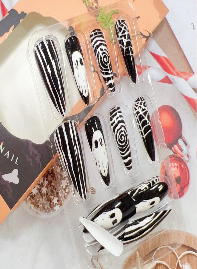 SINSEN Black Halloween Press on Nails - Long Stiletto Halloween Fake Nails, Full Cover Halloween False Nails with Designs, Glossy Halloween Glue on Nails for Women, 24Pcs (Ghost and Spider Web) - Image 3