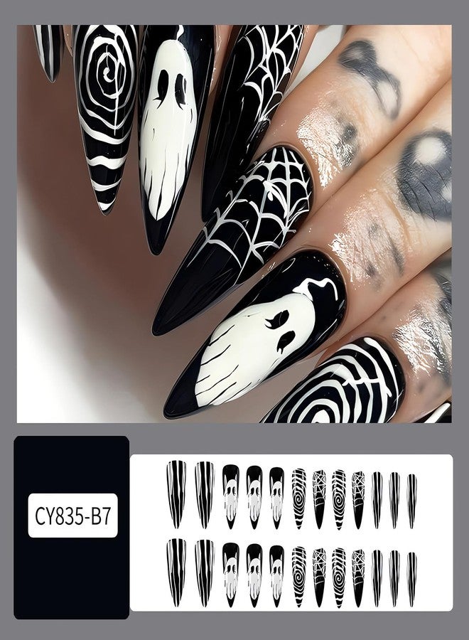 SINSEN Black Halloween Press on Nails - Long Stiletto Halloween Fake Nails, Full Cover Halloween False Nails with Designs, Glossy Halloween Glue on Nails for Women, 24Pcs (Ghost and Spider Web) - Image 2