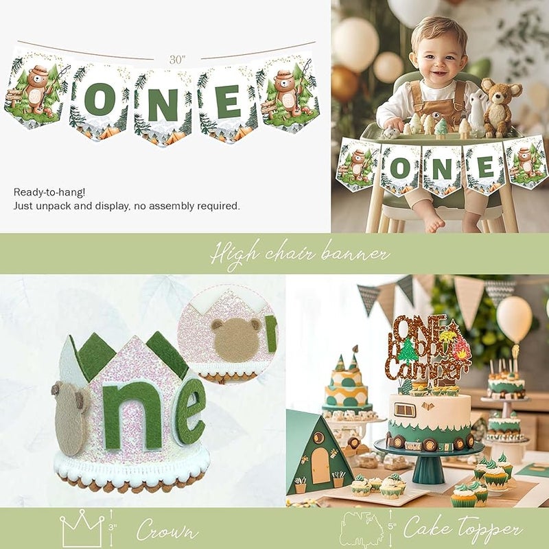 Fiesec 94 PCs One Happy Camper Birthday Decorations, Camping 1st Birthday Party Decorations Backdrop Balloon Garland Monthly Photo High Chair Banner Cake Topper Box Cutout Crown Poster Forest Tent - Image 4