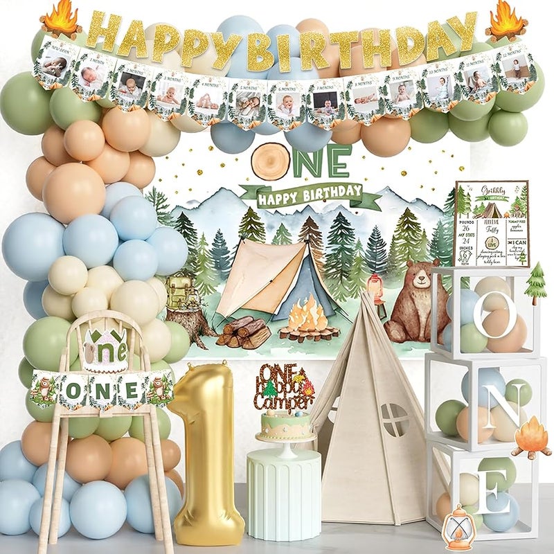 Fiesec 94 PCs One Happy Camper Birthday Decorations, Camping 1st Birthday Party Decorations Backdrop Balloon Garland Monthly Photo High Chair Banner Cake Topper Box Cutout Crown Poster Forest Tent - Image 1