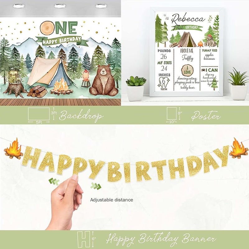 Fiesec 94 PCs One Happy Camper Birthday Decorations, Camping 1st Birthday Party Decorations Backdrop Balloon Garland Monthly Photo High Chair Banner Cake Topper Box Cutout Crown Poster Forest Tent - Image 5
