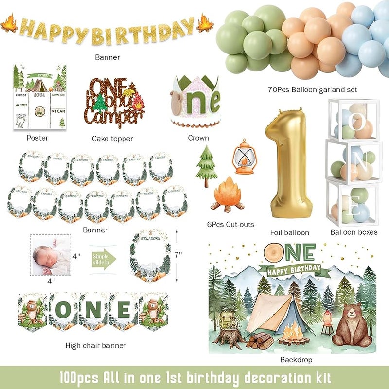 Fiesec 94 PCs One Happy Camper Birthday Decorations, Camping 1st Birthday Party Decorations Backdrop Balloon Garland Monthly Photo High Chair Banner Cake Topper Box Cutout Crown Poster Forest Tent - Image 2