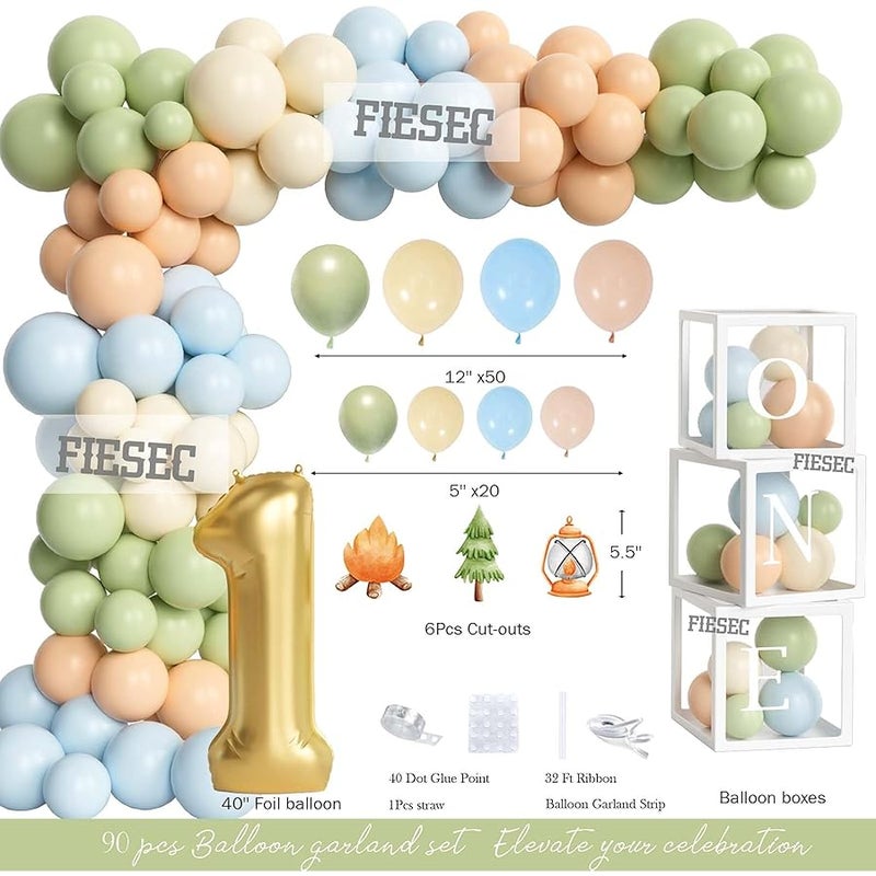 Fiesec 94 PCs One Happy Camper Birthday Decorations, Camping 1st Birthday Party Decorations Backdrop Balloon Garland Monthly Photo High Chair Banner Cake Topper Box Cutout Crown Poster Forest Tent - Image 3