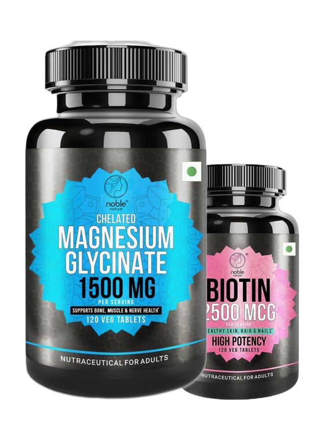 noble nature Chelated Magnesium Glycinate 1500MG per serving - 120 Veg Tablets - Supports Bone, Muscle & Nerve Health & Biotin 2500MCG, Healthy Skin, Hair and Nails, High Potency - 120 Veg Tablets Bundle - Image 1