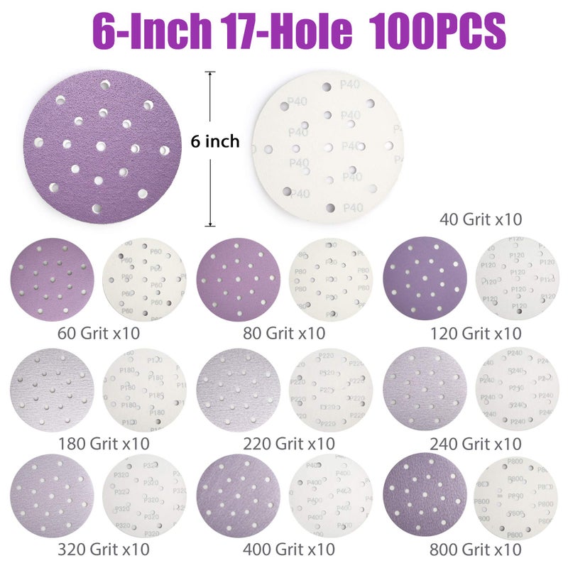 LotFancy أقراص صنفرة LotFancy، 6 بوصة 17 ثقب، 100 قطعة 40 60 80 120 180 220 240 320 400 800 حبيبات متنوعة من ورق الصنفرة الاحترافي، ورق صنفرة دائري مع خطاف وحلقة لمطحنة دوارة عشوائية - Image 3