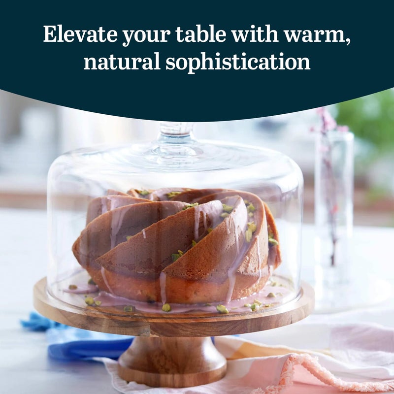 Libbey Acacia Wood Cake Stand with Lid, Footed Cake Stand With Cover, Durable Ball Top Handle Glass Dessert Dome - Image 2