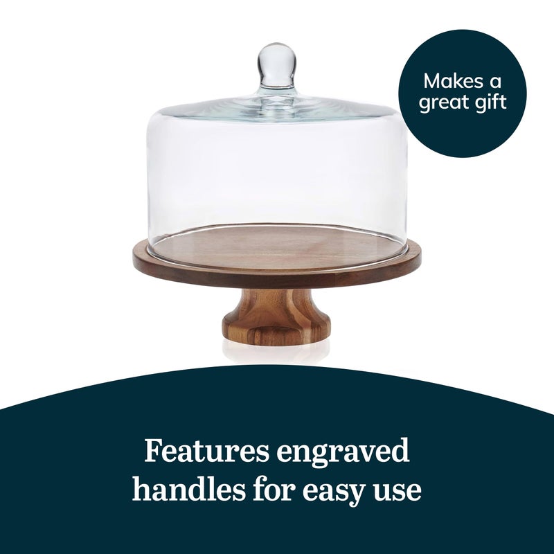 Libbey Acacia Wood Cake Stand with Lid, Footed Cake Stand With Cover, Durable Ball Top Handle Glass Dessert Dome - Image 5