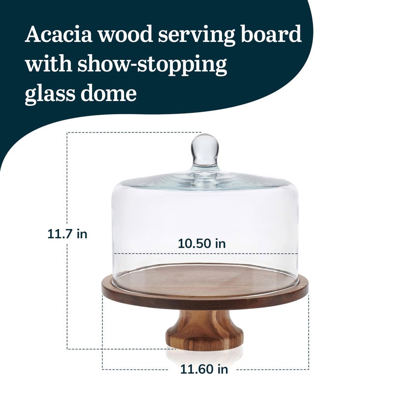 Libbey Acacia Wood Cake Stand with Lid, Footed Cake Stand With Cover, Durable Ball Top Handle Glass Dessert Dome - Image 3
