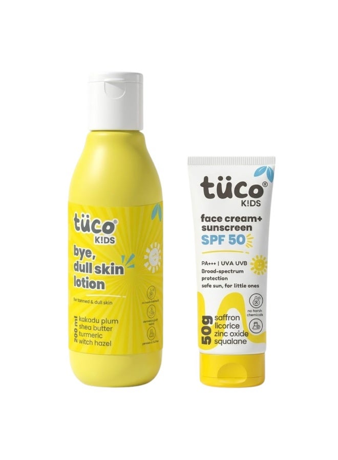 TuCo مجموعة Tuco® Kids لبشرة مشرقة | كريم الوجه بالزعفران (واقي شمس) (50 جم) ولوشن الجسم المرطب اليومي (200 مل) | للحماية من الشمس وإشراقة البشرة | حماية واسعة النطاق (UVA/UVB PA++++) | للفئات العمرية: 2-5، 5-10، و10-15 سنة - Image 1