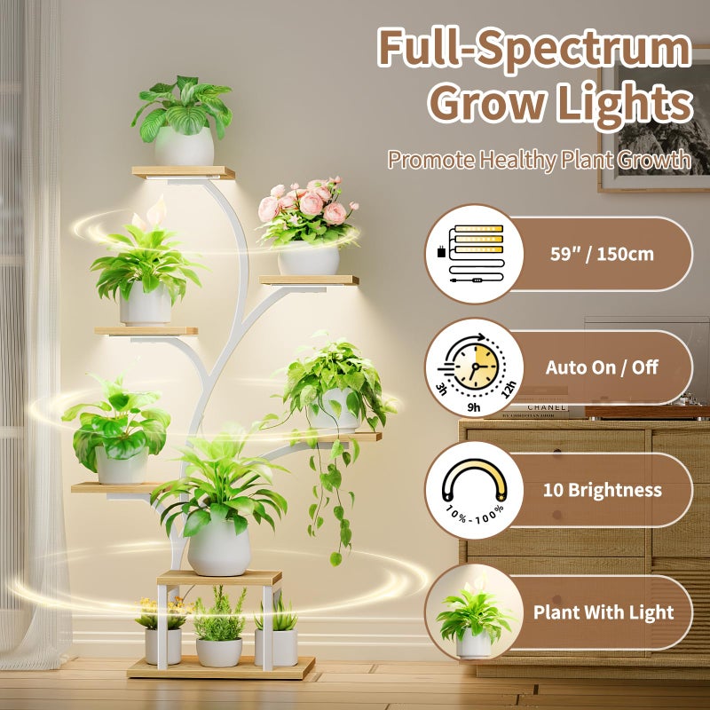 BACEKOLL Plant Stand Indoor with Grow Lights, 7 Tiered Indoor Plant Shelf, 49" Corner Plant Stands for Indoor Plants, Metal Plant Flower Display Shelf, Tree-Shaped Plant Rack for Home, Patio, Natural - Image 3