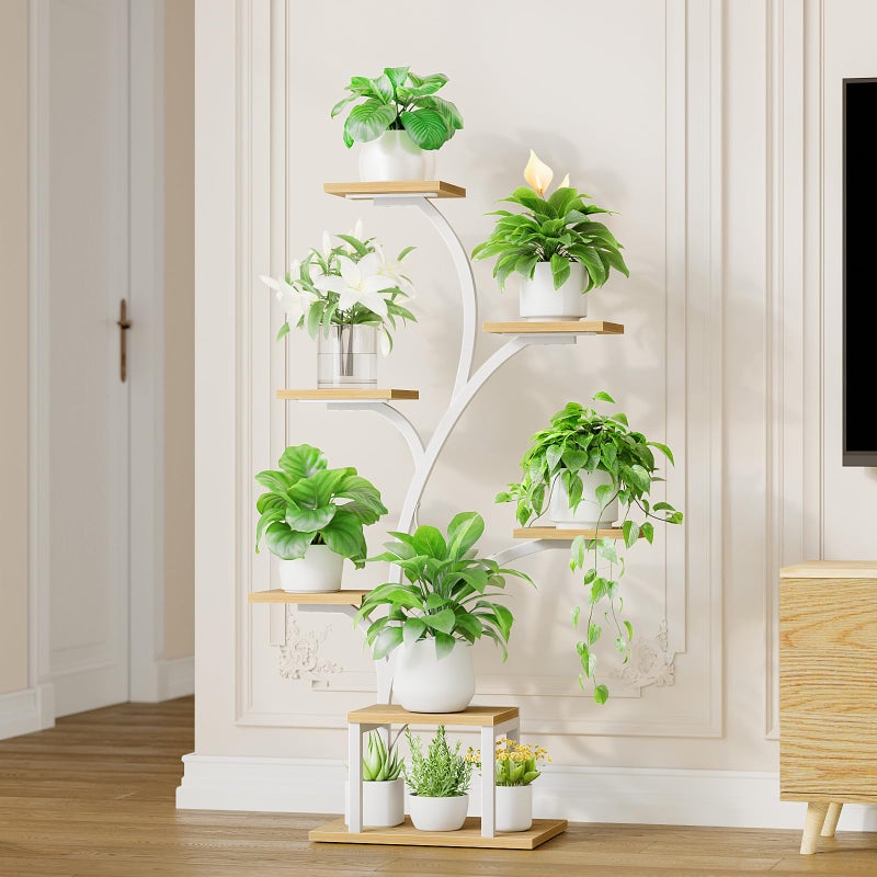 BACEKOLL Plant Stand Indoor with Grow Lights, 7 Tiered Indoor Plant Shelf, 49" Corner Plant Stands for Indoor Plants, Metal Plant Flower Display Shelf, Tree-Shaped Plant Rack for Home, Patio, Natural - Image 5