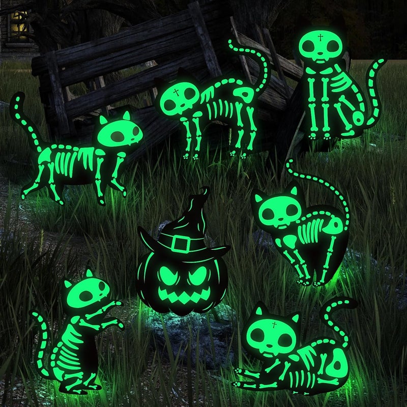 Thuodo Halloween Decorations Outdoor, 7 Pack Glow in The Dark Pumpkin and Skeleton Black Cat Yard Signs, Halloween Silhouette Yard Signs with Stakes, Waterproof Outside Yard Lawn Decor for Kids Home Party - Image 1
