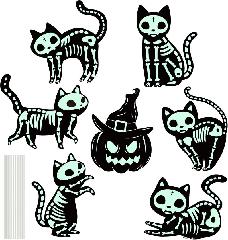 Thuodo Halloween Decorations Outdoor, 7 Pack Glow in The Dark Pumpkin and Skeleton Black Cat Yard Signs, Halloween Silhouette Yard Signs with Stakes, Waterproof Outside Yard Lawn Decor for Kids Home Party - Image 3
