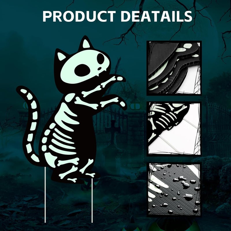Thuodo Halloween Decorations Outdoor, 7 Pack Glow in The Dark Pumpkin and Skeleton Black Cat Yard Signs, Halloween Silhouette Yard Signs with Stakes, Waterproof Outside Yard Lawn Decor for Kids Home Party - Image 4