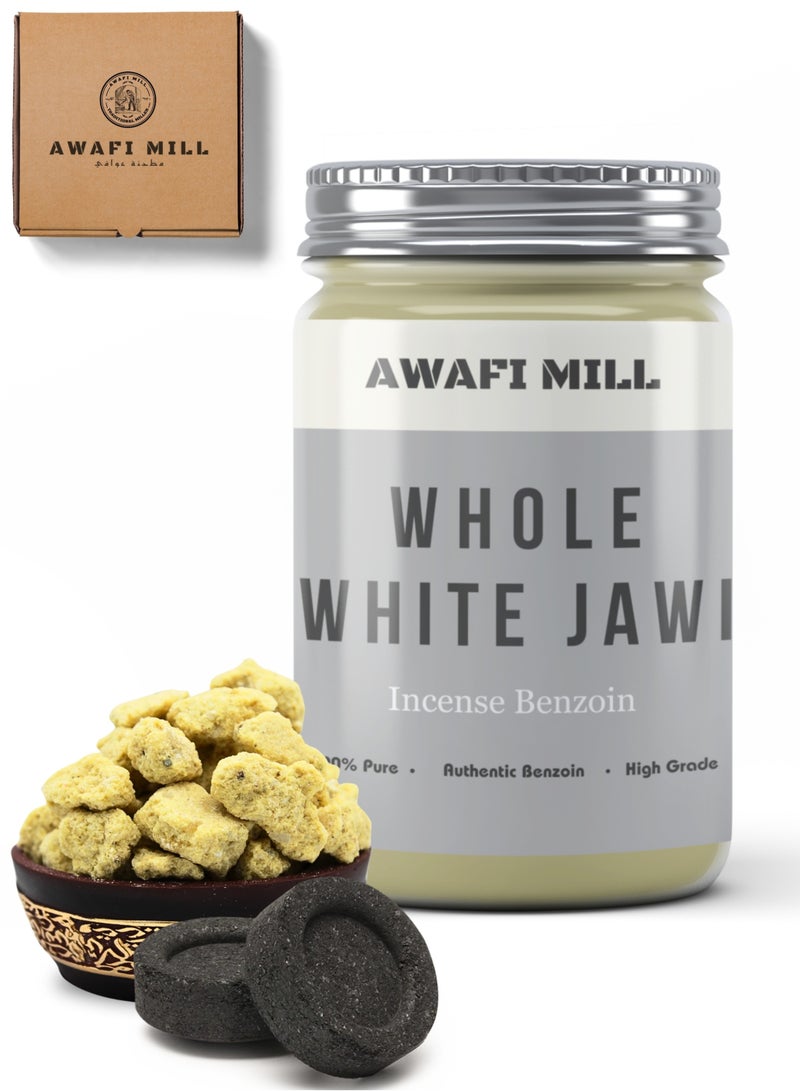 Awafi Mill AWAFI MILL White Jawi Benzoin Natural Incense - Prosperity, Abundance, and Clarity | Aromatic Elevation with Charcoal Tablet (Bottle of 50 Gram with 10 Charcoal Piece)  - Image 1