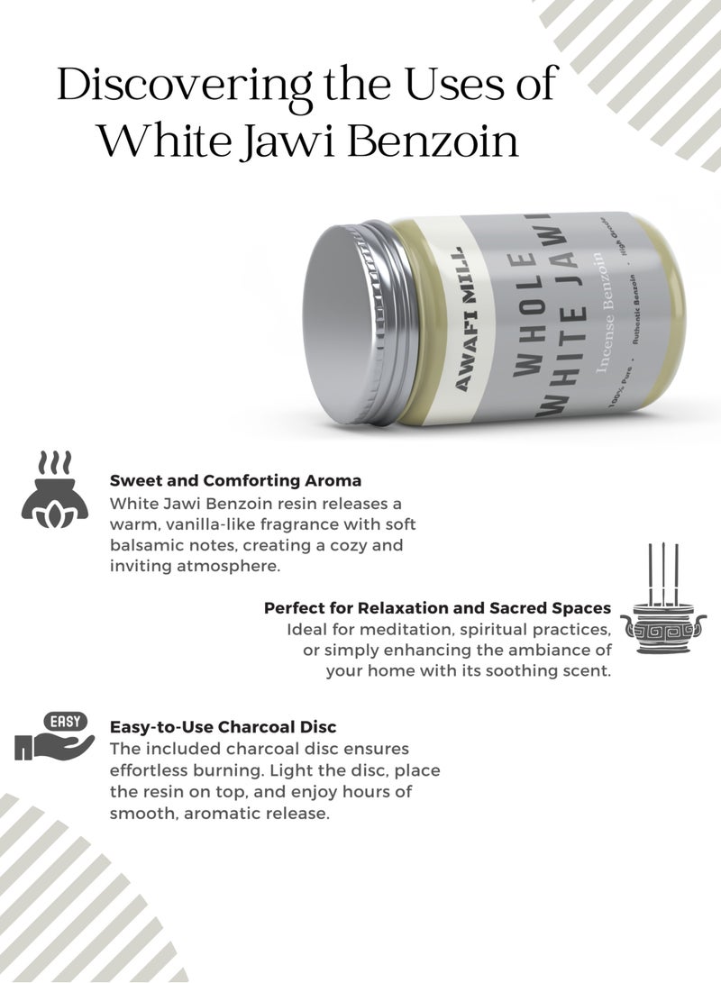Awafi Mill AWAFI MILL White Jawi Benzoin Natural Incense - Prosperity, Abundance, and Clarity | Aromatic Elevation with Charcoal Tablet (Bottle of 50 Gram with 10 Charcoal Piece)  - Image 2
