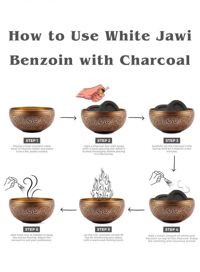 Awafi Mill AWAFI MILL White Jawi Benzoin Natural Incense - Prosperity, Abundance, and Clarity | Aromatic Elevation with Charcoal Tablet (Bottle of 50 Gram with 10 Charcoal Piece)  - Image 4