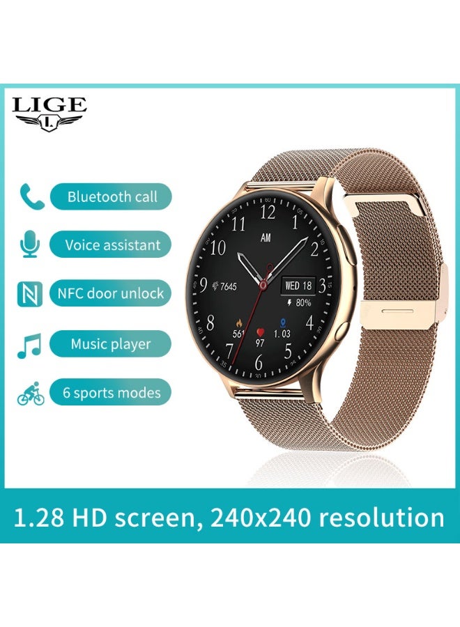 LIGE New Smart Watch For Women 1.28" AMOLED Screen Sports Bluetooth Calling IP67 Waterproof Mesh Rose Gold & Silicone Pink Strap  - Image 4