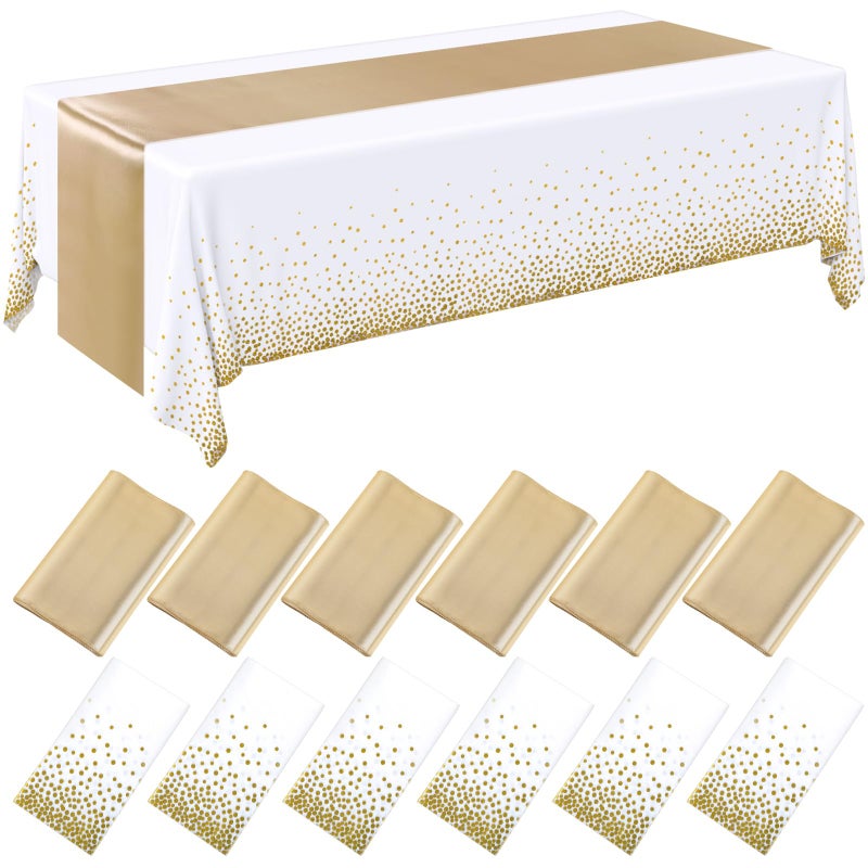 Tudomro 12 Pieces White and Gold Disposable Plastic Tablecloths and Satin Table Runner Set 54x108 Inch Tablecloth 12x108 Inch Table Runners for New Year Wedding Birthday Baby Shower Graduation - Image 1