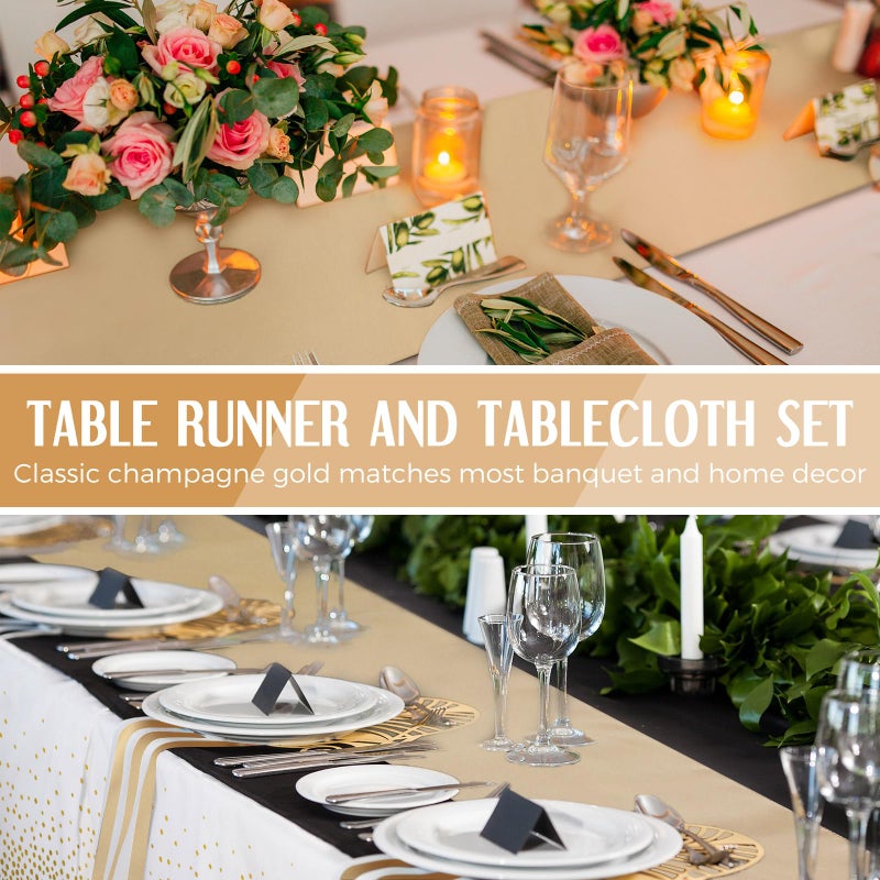 Tudomro 12 Pieces White and Gold Disposable Plastic Tablecloths and Satin Table Runner Set 54x108 Inch Tablecloth 12x108 Inch Table Runners for New Year Wedding Birthday Baby Shower Graduation - Image 5