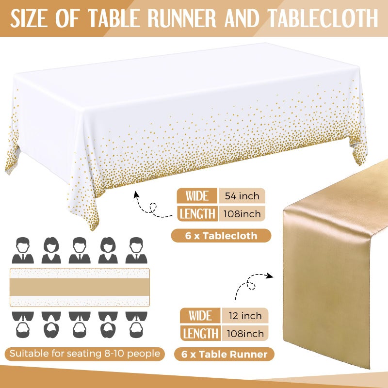 Tudomro 12 Pieces White and Gold Disposable Plastic Tablecloths and Satin Table Runner Set 54x108 Inch Tablecloth 12x108 Inch Table Runners for New Year Wedding Birthday Baby Shower Graduation - Image 2