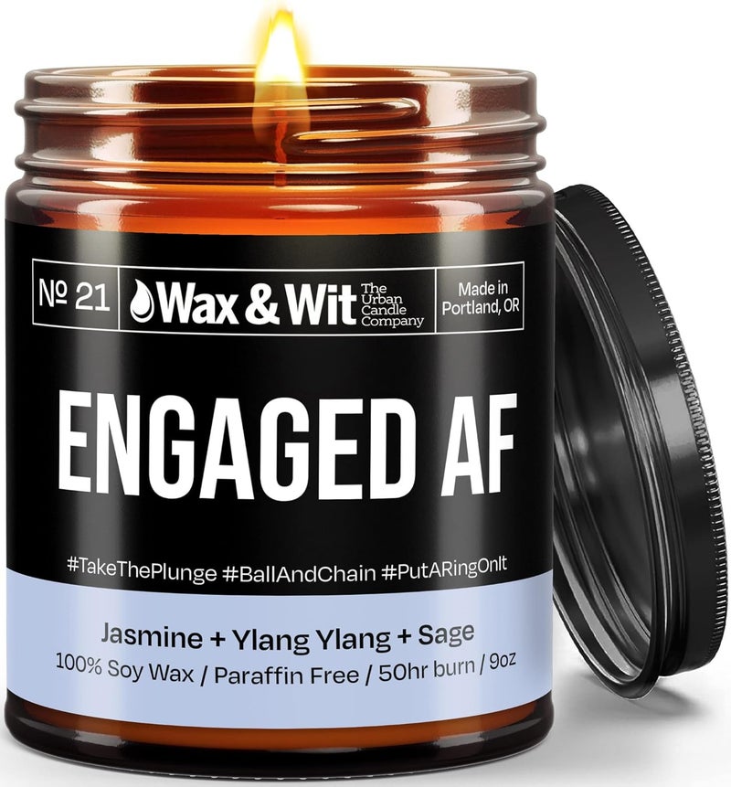 WAX & WIT Scented Soy Candle for Home - Jasmine, Ylang Ylang, Sage - Funny Wedding Gifts, Engagement Gifts for Women, Bridal Shower Gifts, Bride to Be Gifts for Her - (1) 9oz Candle (Engaged AF) - Image 1