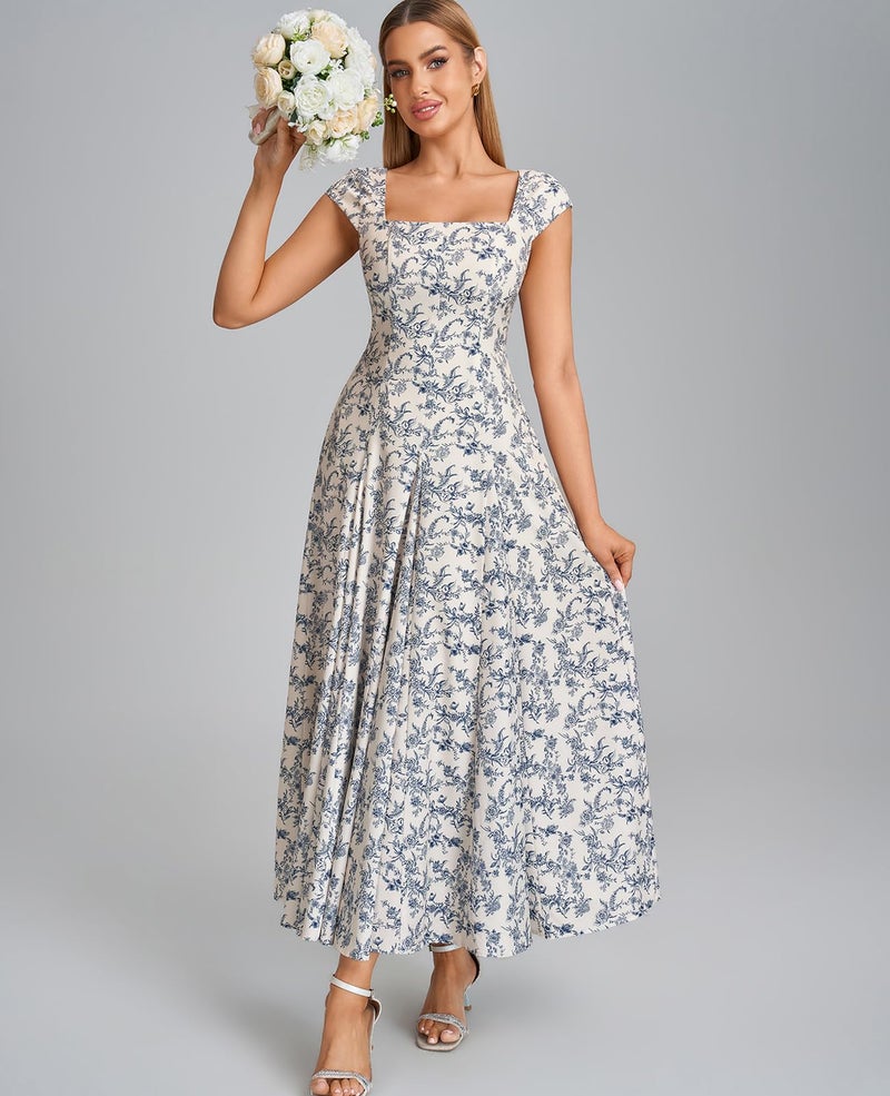 GLNEGE Womenâ€™s Corset Wedding Guest Maxi Dress Cap Sleeve Square Neck Lace Up A Line Flowy Formal Midi Dress with Pockets Bluefloral - Image 3
