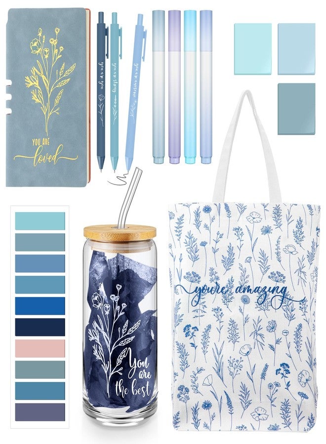 Singhoow 14 Pcs Inspirational Journal Kit for Women Aesthetic A6 Leather Journal Notebook Glass Cup Canvas Tote Bag Motivational Pens Stationery Set for Social Worker Employee Teachers(Blue) - Image 1
