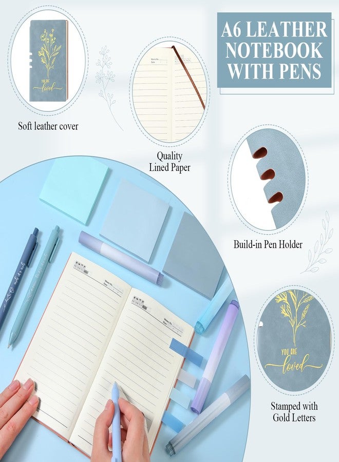 Singhoow 14 Pcs Inspirational Journal Kit for Women Aesthetic A6 Leather Journal Notebook Glass Cup Canvas Tote Bag Motivational Pens Stationery Set for Social Worker Employee Teachers(Blue) - Image 3