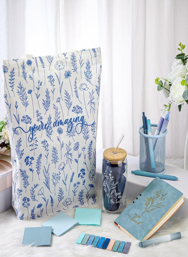 Singhoow 14 Pcs Inspirational Journal Kit for Women Aesthetic A6 Leather Journal Notebook Glass Cup Canvas Tote Bag Motivational Pens Stationery Set for Social Worker Employee Teachers(Blue) - Image 5
