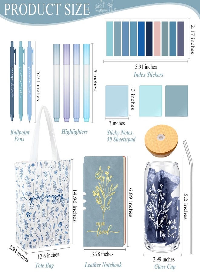 Singhoow 14 Pcs Inspirational Journal Kit for Women Aesthetic A6 Leather Journal Notebook Glass Cup Canvas Tote Bag Motivational Pens Stationery Set for Social Worker Employee Teachers(Blue) - Image 2